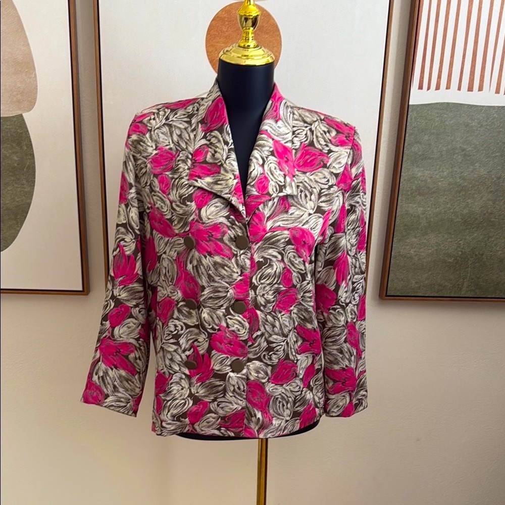 Celine Vintage Pink and Gray Double Notched Floral Blazer Jacket